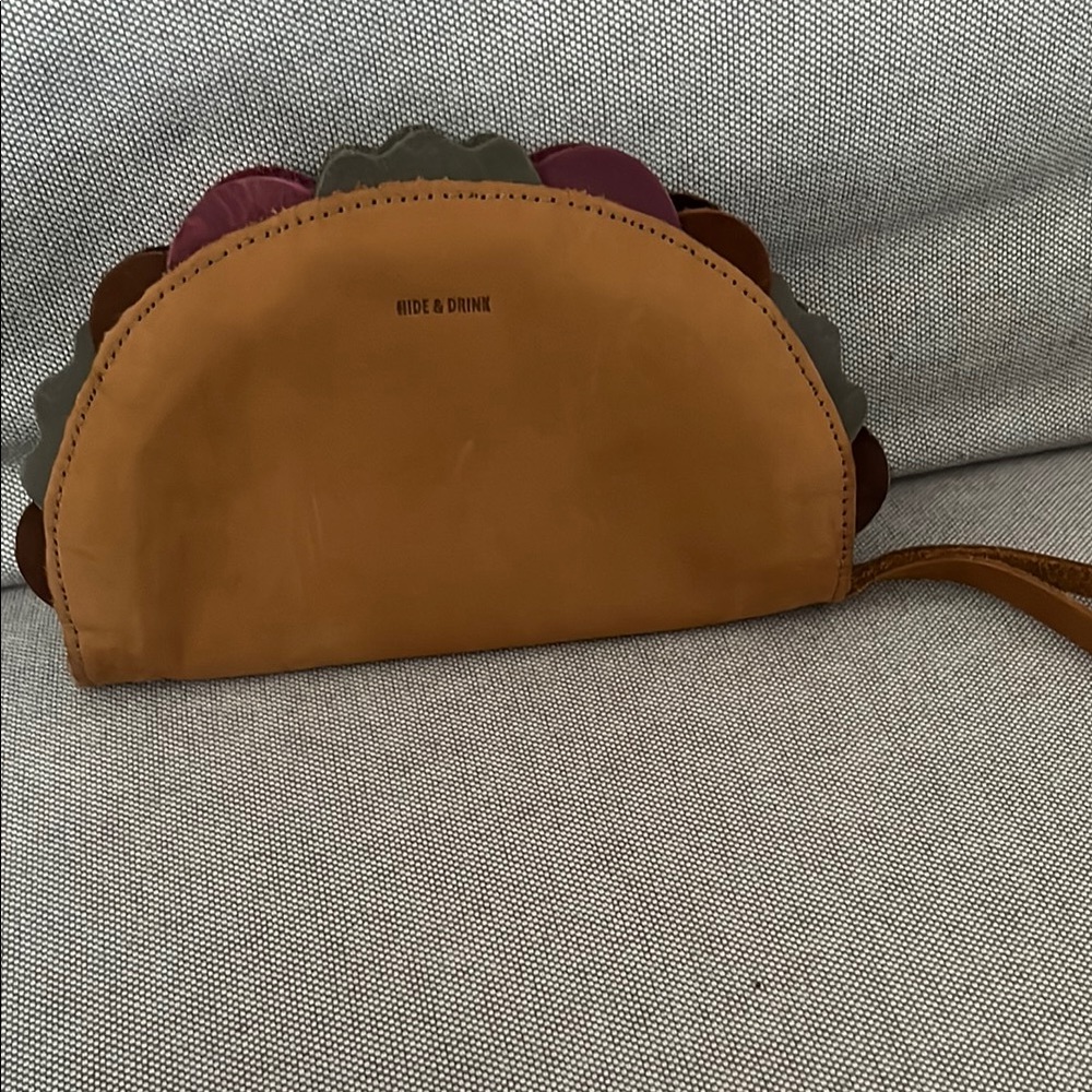 Rare Hide & Drink tan multi-purpose handmade leather taco wallet/wristlet.